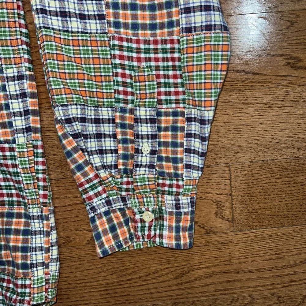 Vtg J. Crew Oarsman Multicolor Patchwork Madras Plaid Button Down Shirt Men XL